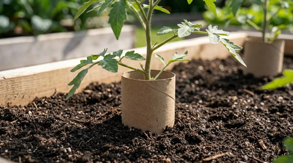 Cardboard cutworm collar around tomato seedling
