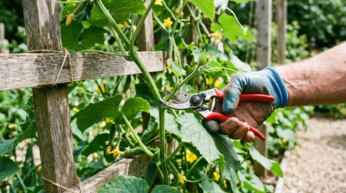 Pruning infected cucumber leaves