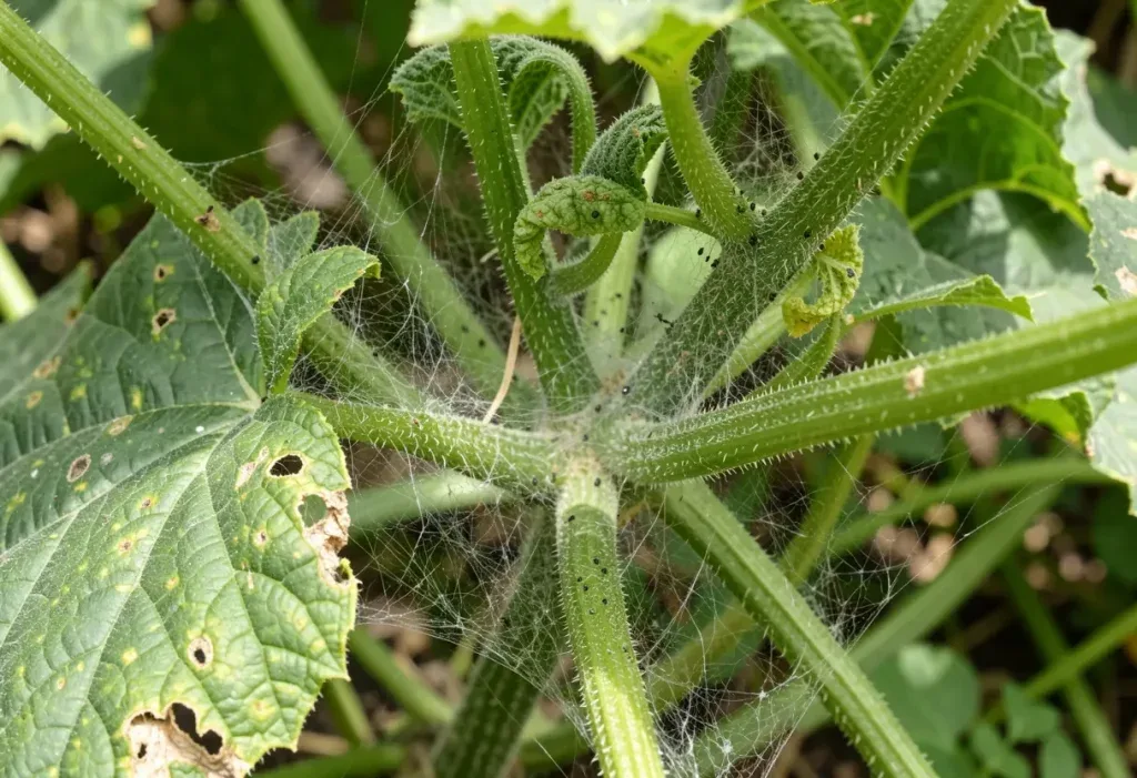Two-spotted spider mite webbing on cucumber leaf underside